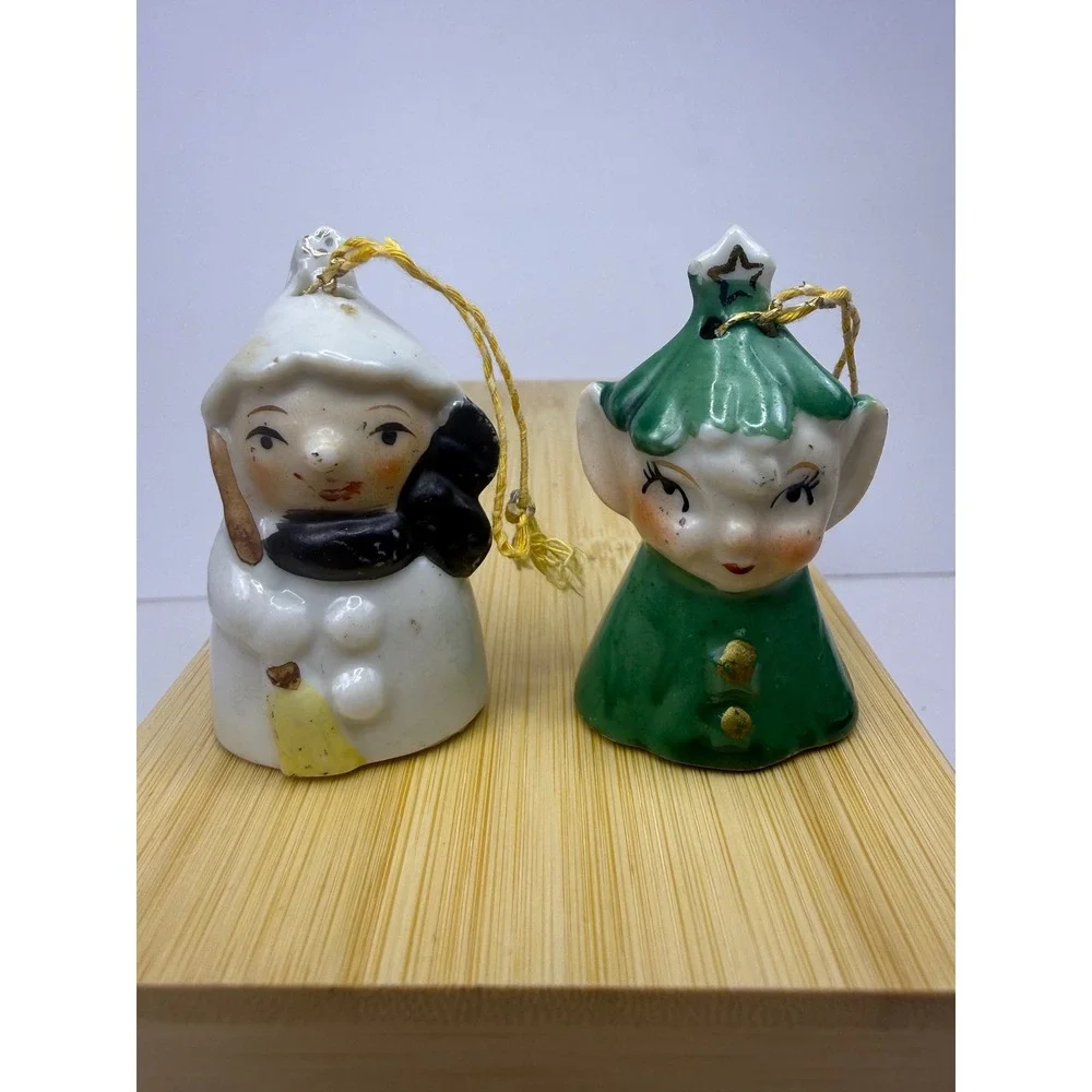 Vintage Japan Porcelain Commodore Snowman and Elf Pixie 1950's Christmas MCM